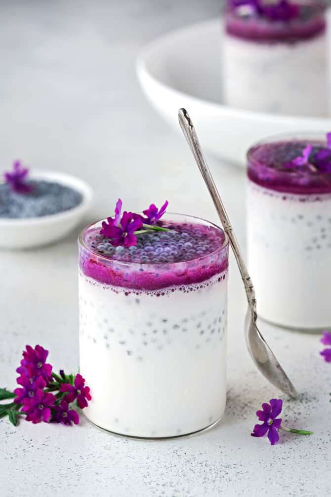 Lemongrass Basil seeds Pannacotta with Jamun Sauce CubesNJuliennes