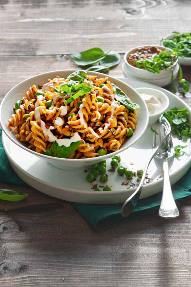 Fusilli with Spinach and Peas in Creamy Tomato Sauce