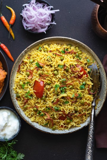 Instant Pot Pulao (Spicy Matar Pulao) + Stovetop - Cubes N Juliennes