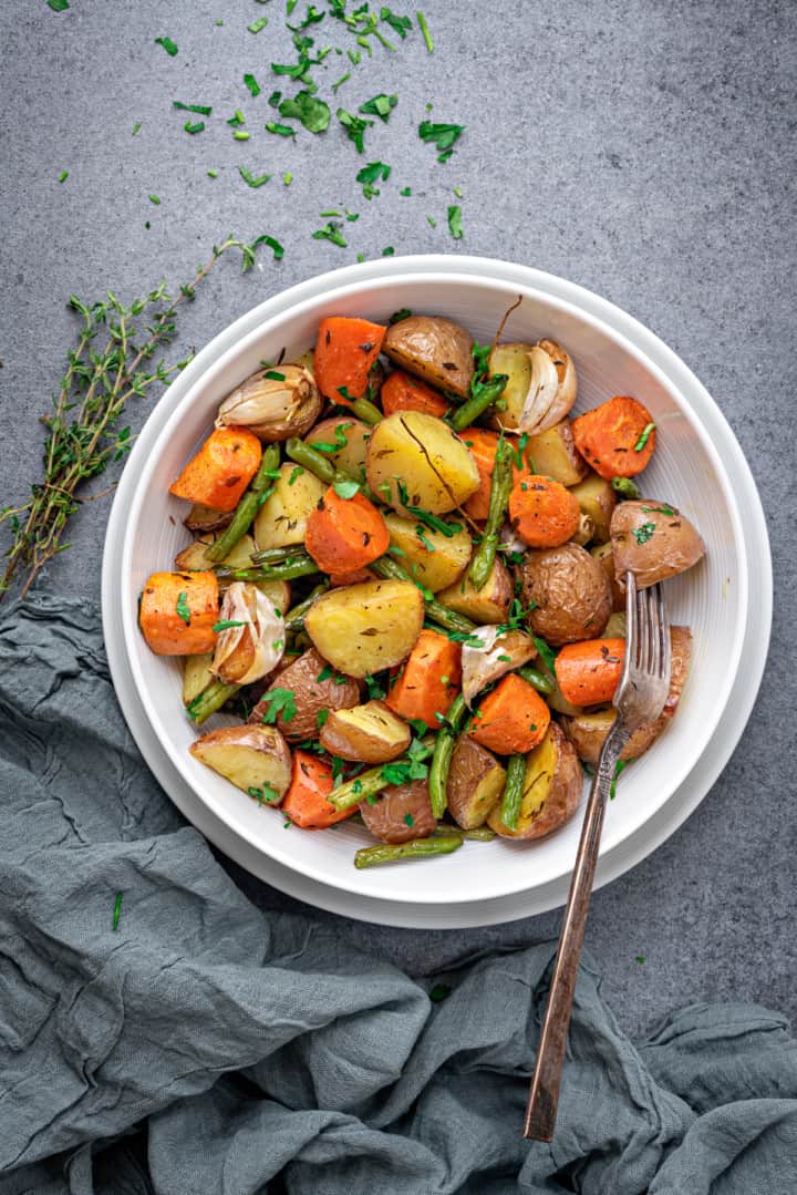 Roasted Potatoes and Carrots with Green Beans - Cubes N Juliennes