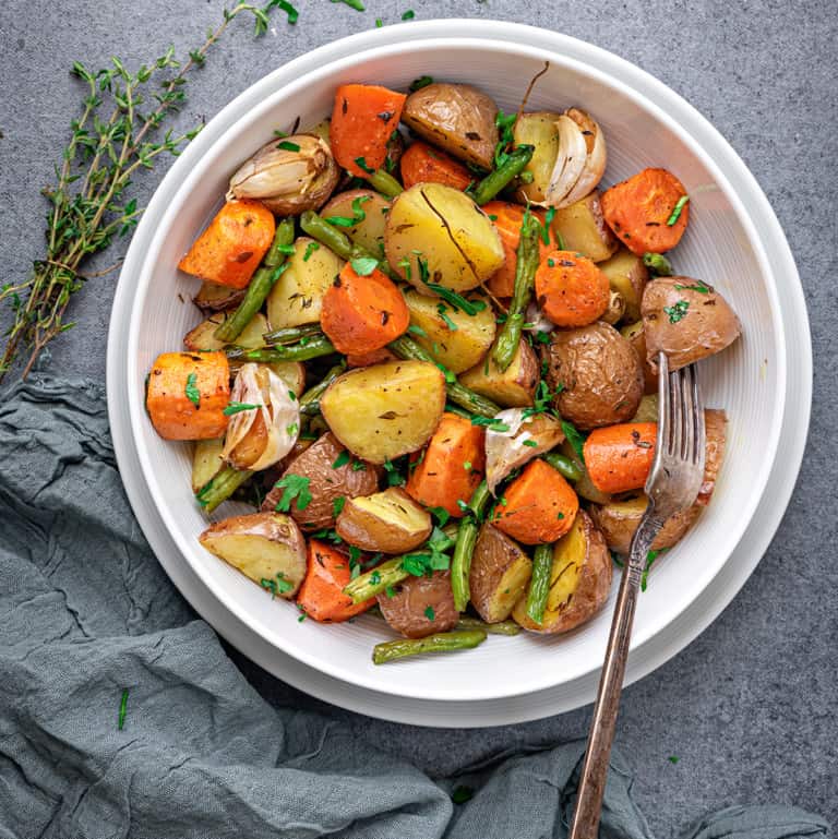 Roasted Potatoes and Carrots with Green Beans Cubes N Juliennes