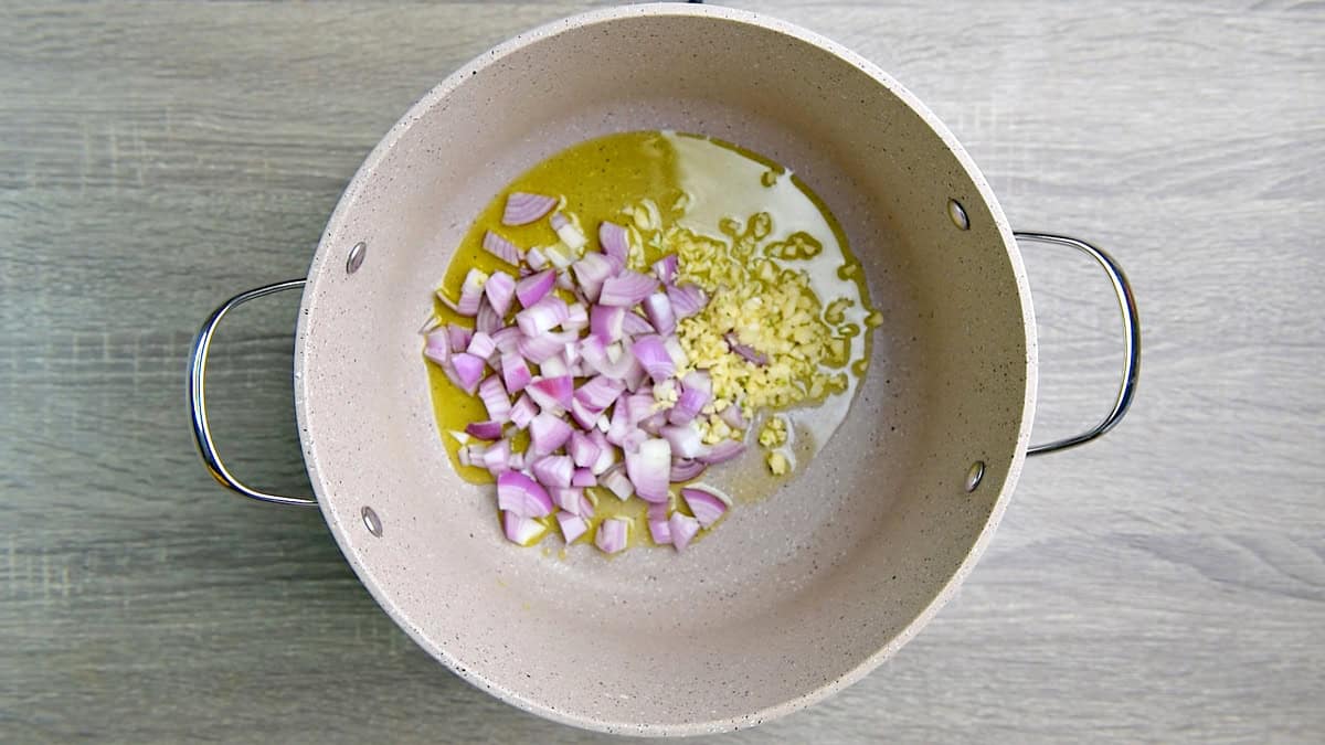 Olive oil, onion, and garlic in a large stock pot. 